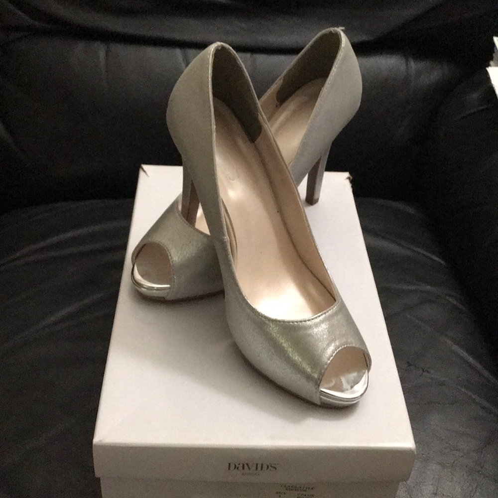 David’s Bridal Kingsley MSilver peep toe pumps.